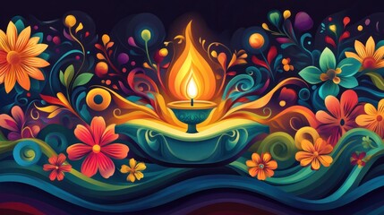 A colorful painting of a candle in a flower pot with a blue background