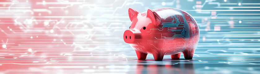 Wall Mural - Abstract Vector of Piggy Bank with AI Circuitry: Symbolizing Intelligent Financial Savings and Cost Management, Isolated on Clean White Background