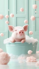 A pig in a whimsical bath with colorful bubbles and playful accessories, set in a luxurious and cheerful bathroom.