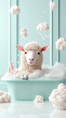 Wall Mural - A sheep enjoying a whimsical bath with colorful bubbles and playful accessories in a luxurious bathroom.