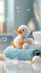 Wall Mural - A duck taking a whimsical bath with colorful bubbles and playful accessories in a cheerful and luxurious bathroom.