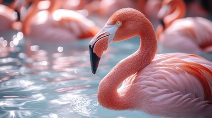 Wall Mural - Flamingo in a pool on a clean white backdrop