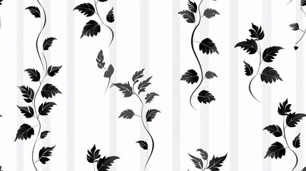 Poster - Black and White Floral Vines Pattern: A minimalist, elegant pattern of black floral vines against a white striped background. Perfect for adding a touch of nature and sophistication to your designs. 