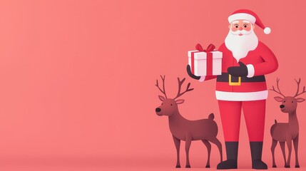 A cartoon image of Santa Claus holding a gift box in front of two reindeer