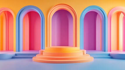 A colorful archway with three arches of different colors