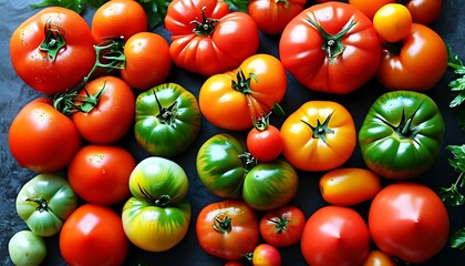 Fresh fruit and vegetable feast, vibrant tomatoes showcase healthy and delicious flavors.