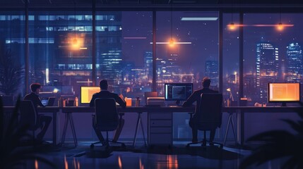 a night scene of professionals working in an office with a city skyline view.