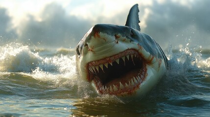 Great white shark attack scene, isolated on white