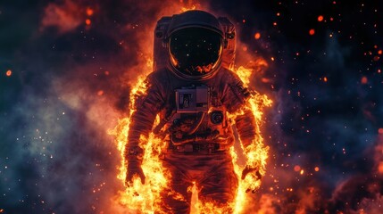 An astronaut engulfed in flames, symbolizing danger and exploration in space.