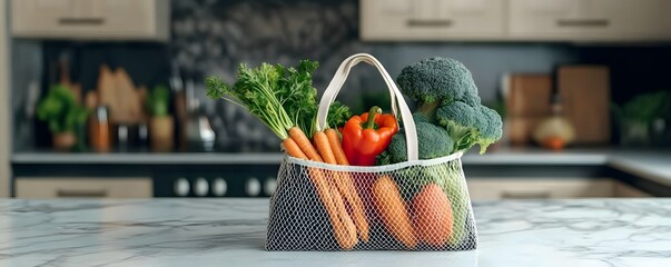 Fresh Produce in a Reusable Mesh Bag on a Marble Countertop