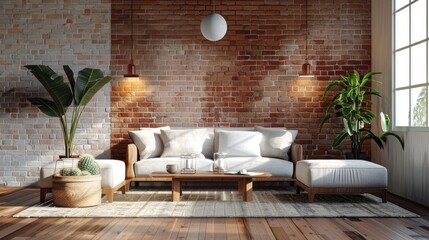 Abstract concept of home decor with white and brown brick backdrop, furniture, and lighting on wooden floor.