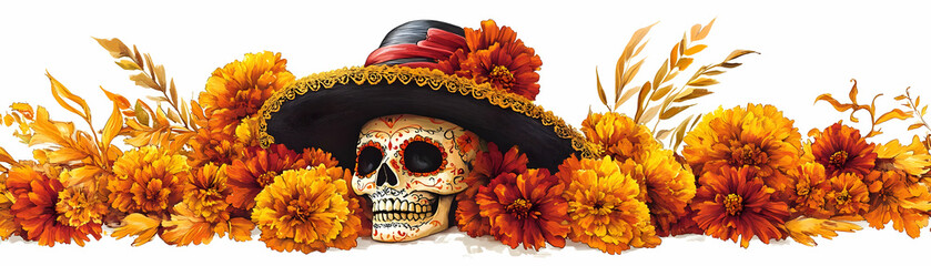 Wall Mural - Elegant Catrina Hat and Marigold Flower Vector Design for Dia de Muertos Celebrations - Isolated on White Background