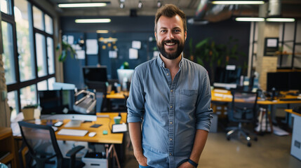 Poster - portrait of a happy tech worker standing in modern office looking at camera