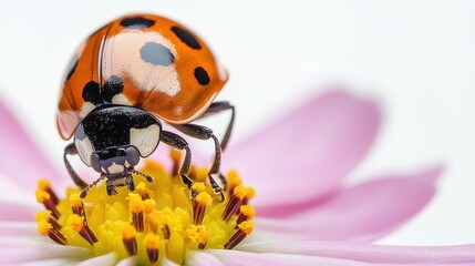 Wall Mural - Ladybug crawling on a flower on white background