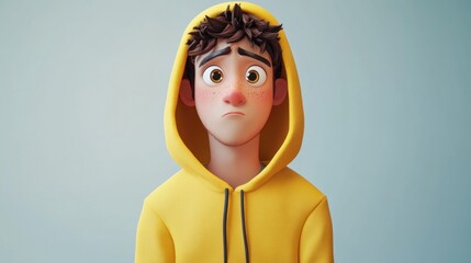 A young boy in a yellow hoodie looks contemplative and slightly sad against a plain background.