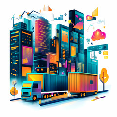 Wall Mural - Dynamic Abstract Digital Art Banner of Flat AI Enhanced Supply Chain Concept: Vibrant Colors & Glowing Elements Showcasing AI's Impact on Logistics Efficiency and Innovation