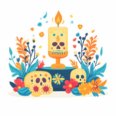 Poster - Flat Altar and Candle Vector Illustration for Dia de Muertos - Simple, Symbolic Design on White Background