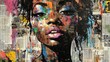 © arhendrix - Vibrant street art portrait of a woman made from a collage of newspaper clippings, highlighting expressive eyes and colorful abstract elements.
