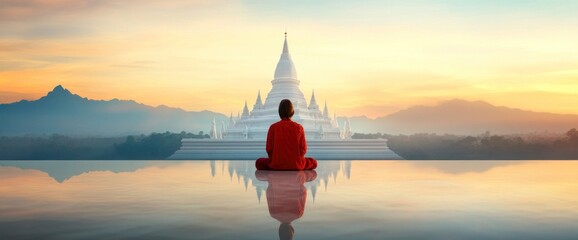 A man in a red robe is sitting on a ledge overlooking a large white building