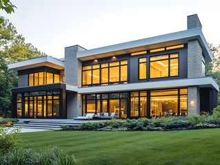 Canvas Print - Modern Luxury Home with Large Windows and Stone Facade