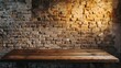 © Lasvu - Antique wooden table against textured brick wall with soft lighting for showcasing products
