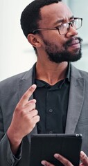 Aufkleber - Black man, tablet or confused in office for business, feedback or scroll in schedule for info. Investor, tech or frown in lobby for update, company review or investment error or mistake in app