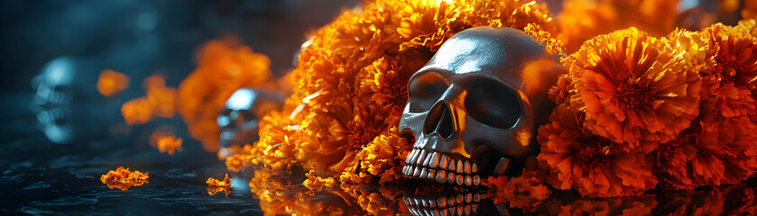 Vibrant Glossy Marigold Wreath with Sugar Skulls - Close-Up Photography Capturing Dia de Muertos Festivity on Dark Reflective Surface