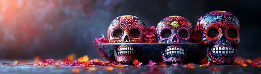 Glossy Offering Bowl Filled with Reflective Sugar Skulls for Dia de Muertos - Modern Mid Shot against Dark Background