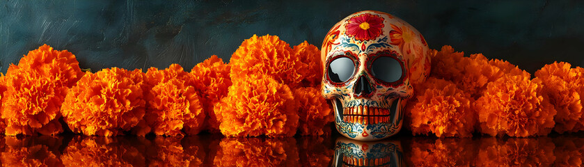 Vibrant Glossy Marigolds Surrounding Reflective Sugar Skull in Dark Background - Capturing Dia de Muertos Cultural Essence in Stunning Photo Stock Concept