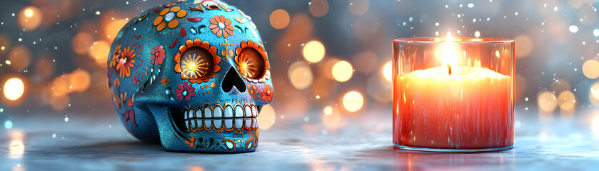 Poster - Close-Up of Glossy Sugar Skull Next to Holographic Candle - Vibrant Dia de Muertos Concept for Modern Photo Stock