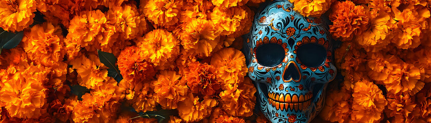 Wall Mural - Glossy Sugar Skull Surrounded by Vibrant Marigold Petals on Dark Reflective Background - Dia de Muertos Cultural Concept for Stock Photography