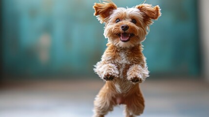 Small dog in a playful stance on white background