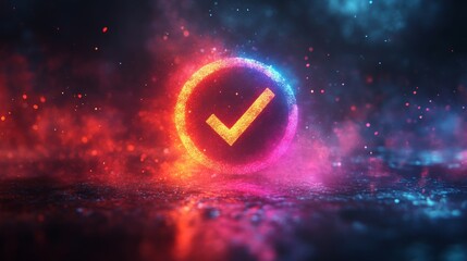 Sticker - Glowing check mark on vibrant abstract background