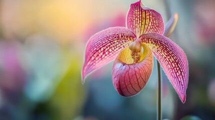 A close-up of Paphiopedilum orchid, commonly called the Lady's Slipper, with its unique pouch-shaped bloom