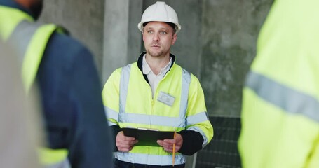 Canvas Print - Teamwork, checklist and planning with man on construction site for project management, property development and building inspection. Architecture, clipboard and contractor with engineering update