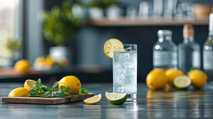 A cocktail of lemon juice and sparkling water with a twist of lime in a highball glass, perfect for a refreshing summer drink.