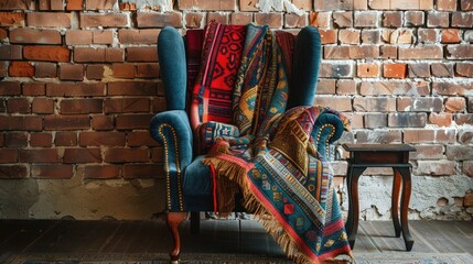 Canvas Print - Colorful armchair with blanket on brick wall background furniture.