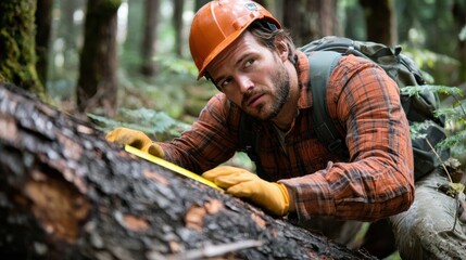 Forestry worker using axe to cut down tree in wilderness