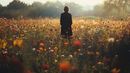 76. A person standing in a field of flowers, peaceful expression