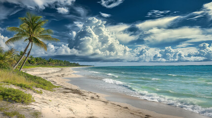 Playa Paraiso Beach is beautiful, the sea is beautiful, the sky is clear, the clouds are beautiful, and nature is beautiful.