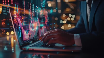 Wall Mural - A professional typing on a laptop with holographic data and graphs, illustrating big data analytics, digital technology, and financial trends. The scene conveys modern business, tech, and innovation.
