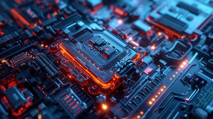 Poster - Close-up of a futuristic microchip with glowing red and blue elements, showcasing advanced technology.