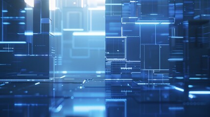 Poster - Abstract futuristic digital landscape with blue grid and glowing elements, resembling data visualization.