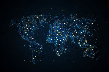 Poster - A stylized world map with a blue and orange color scheme representing global connection and data flow.