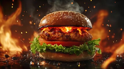 Wall Mural - A beautiful dynamic image of a spicy grilled chicken burger with flames and smoke on a fire background