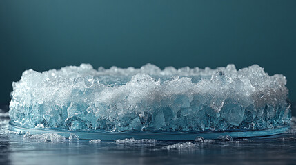 clear, minimalist crystal ice podium stands on a glacial surface, surrounded by frost. the scene con