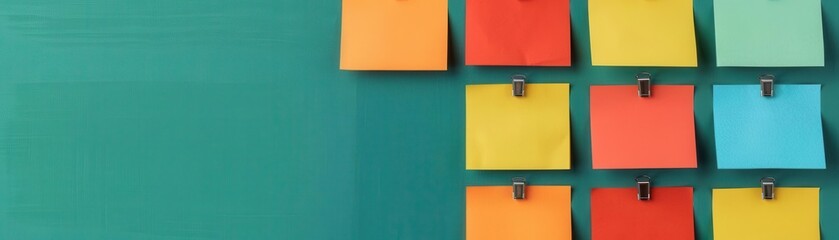 Colorful sticky notes organized on a teal background, perfect for a creative office, planning, brainstorming, and organization concepts.