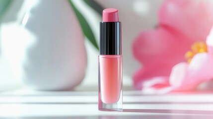 Elegant pink lipstick in a sleek tube with blurred floral background, shot in soft natural light for a fresh, feminine aesthetic.