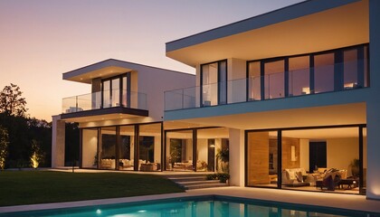 Wall Mural - 3d render of a luxurious house. Modern house in the evening luxury house at dusk night view 16