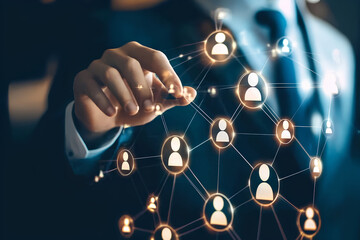 Poster - A businessman's hand reaches out to touch a glowing network of connected people, symbolizing social media, collaboration, or networking.